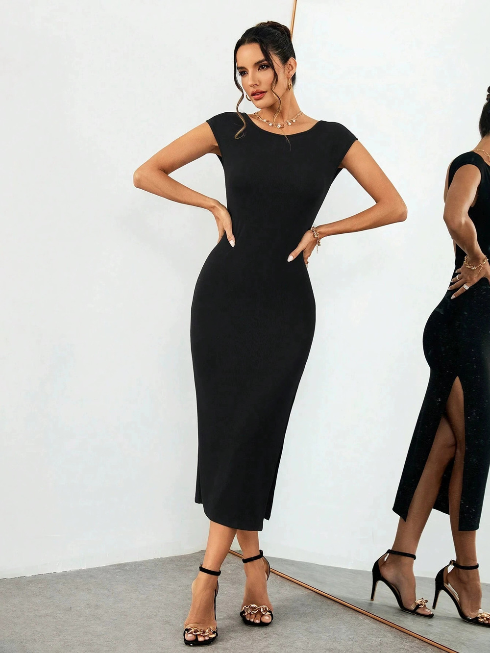 ZARA Black Round Neck Short Sleeve Bodycon Dress Slit Slimming Office Wear